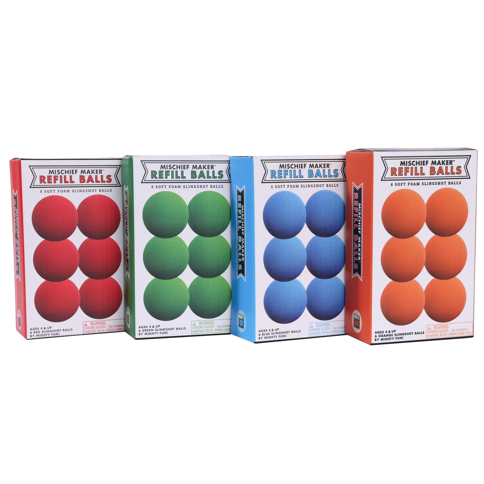 Foam slingshot balls for Mischief Maker toy slingshot by Mighty Fun! Red, green, blue, orange box of 6 balls per pack.