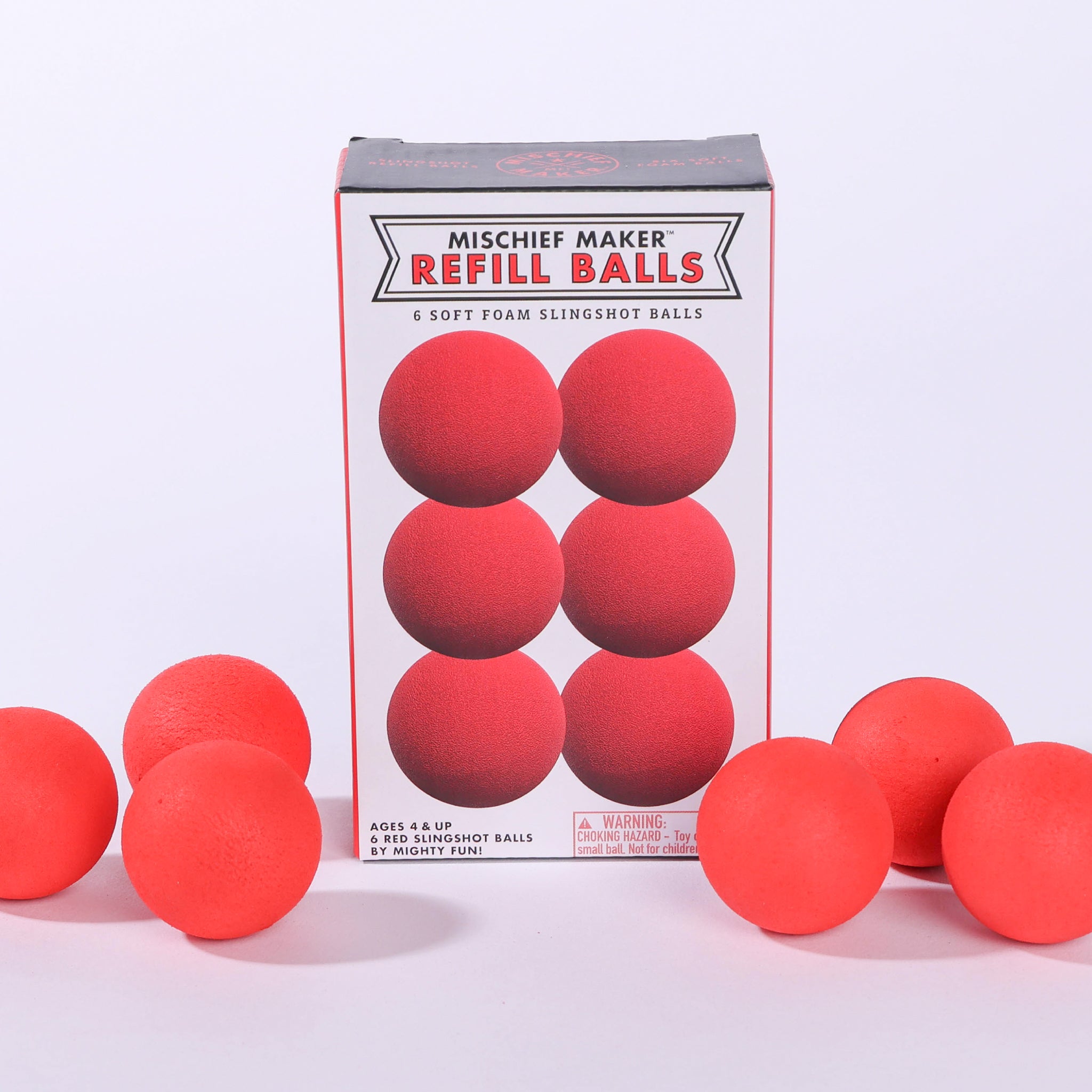 Red foam slingshot balls for Mischief Maker toy slingshot by Mighty Fun! 6 balls per pack.