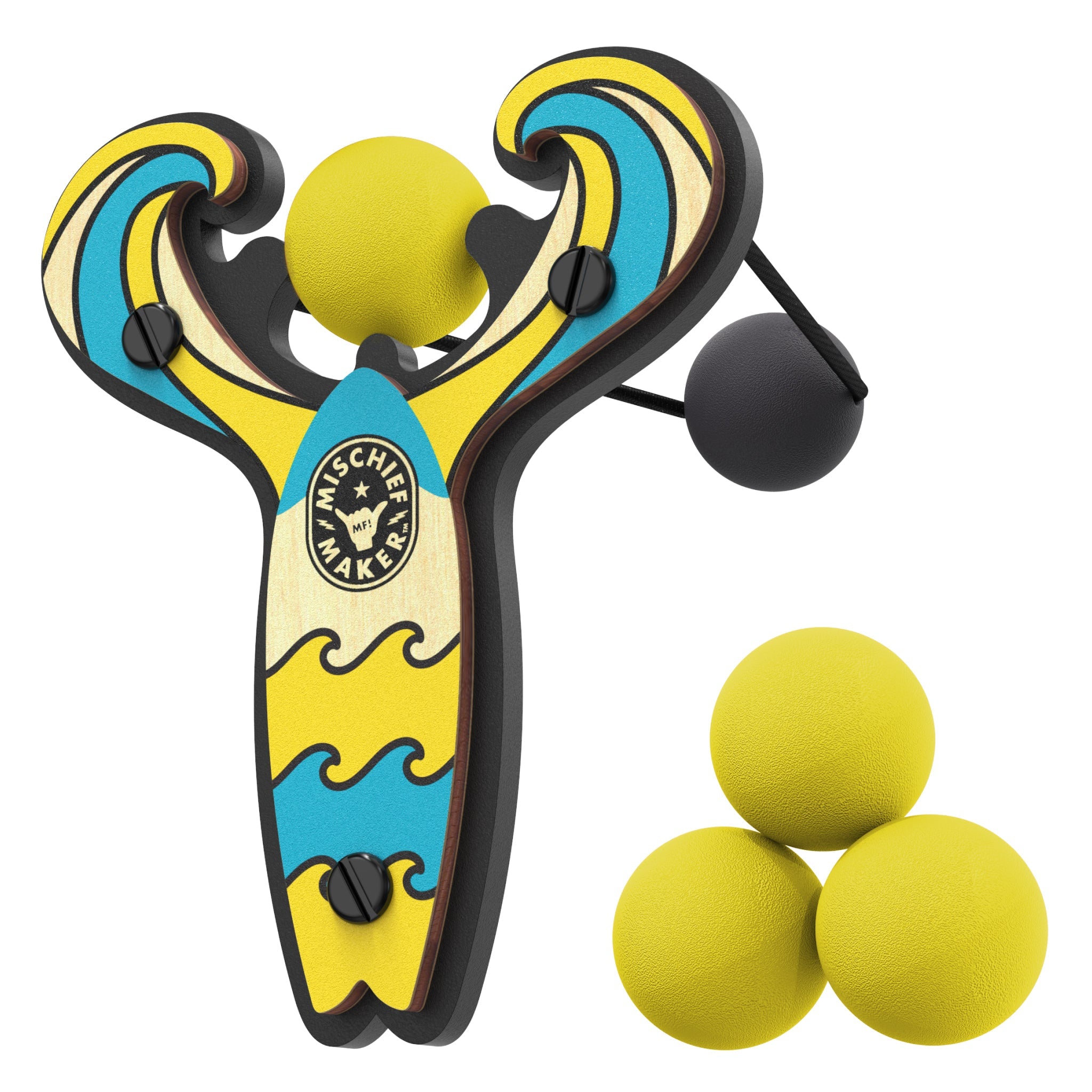 Yellow Surf’s Up toy slingshot with 4 soft foam balls. Mischief Maker by Mighty Fun!