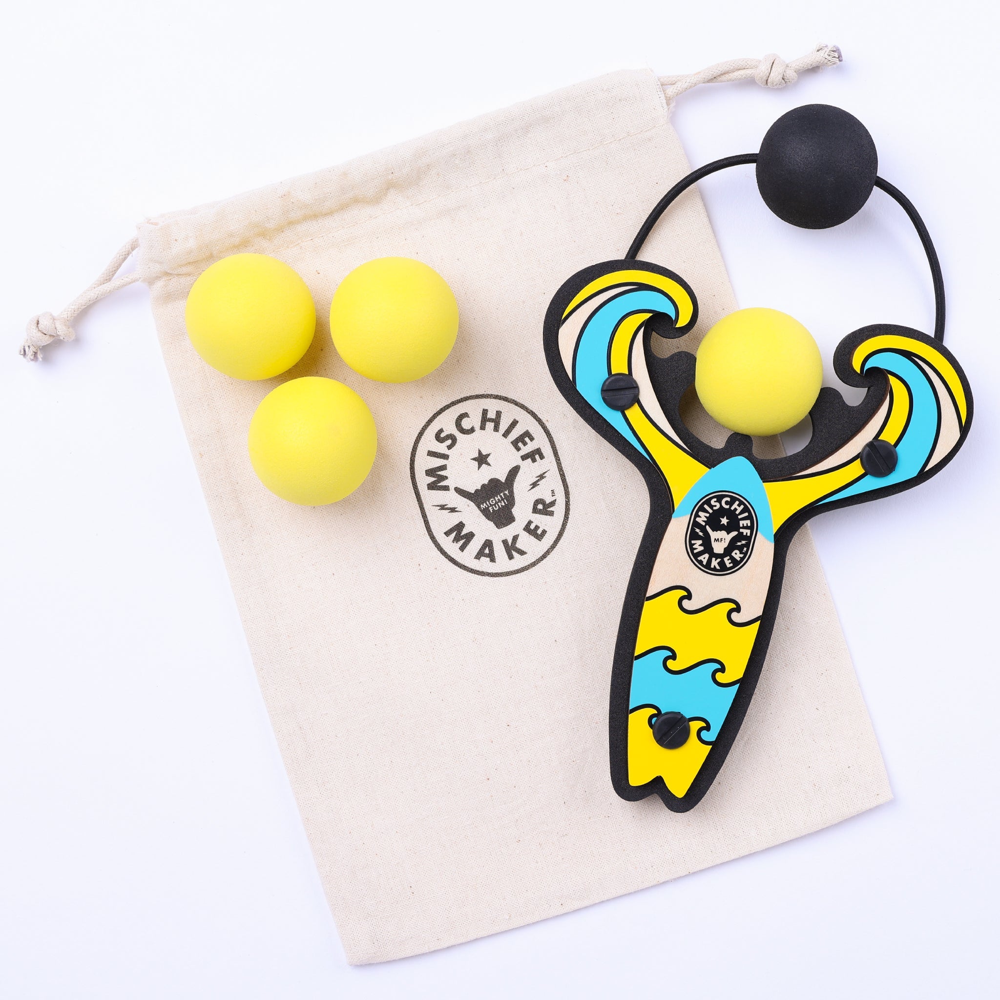 Yellow Surf’s Up toy slingshot with 4 soft foam balls and storage bag. Mischief Maker by Mighty Fun!