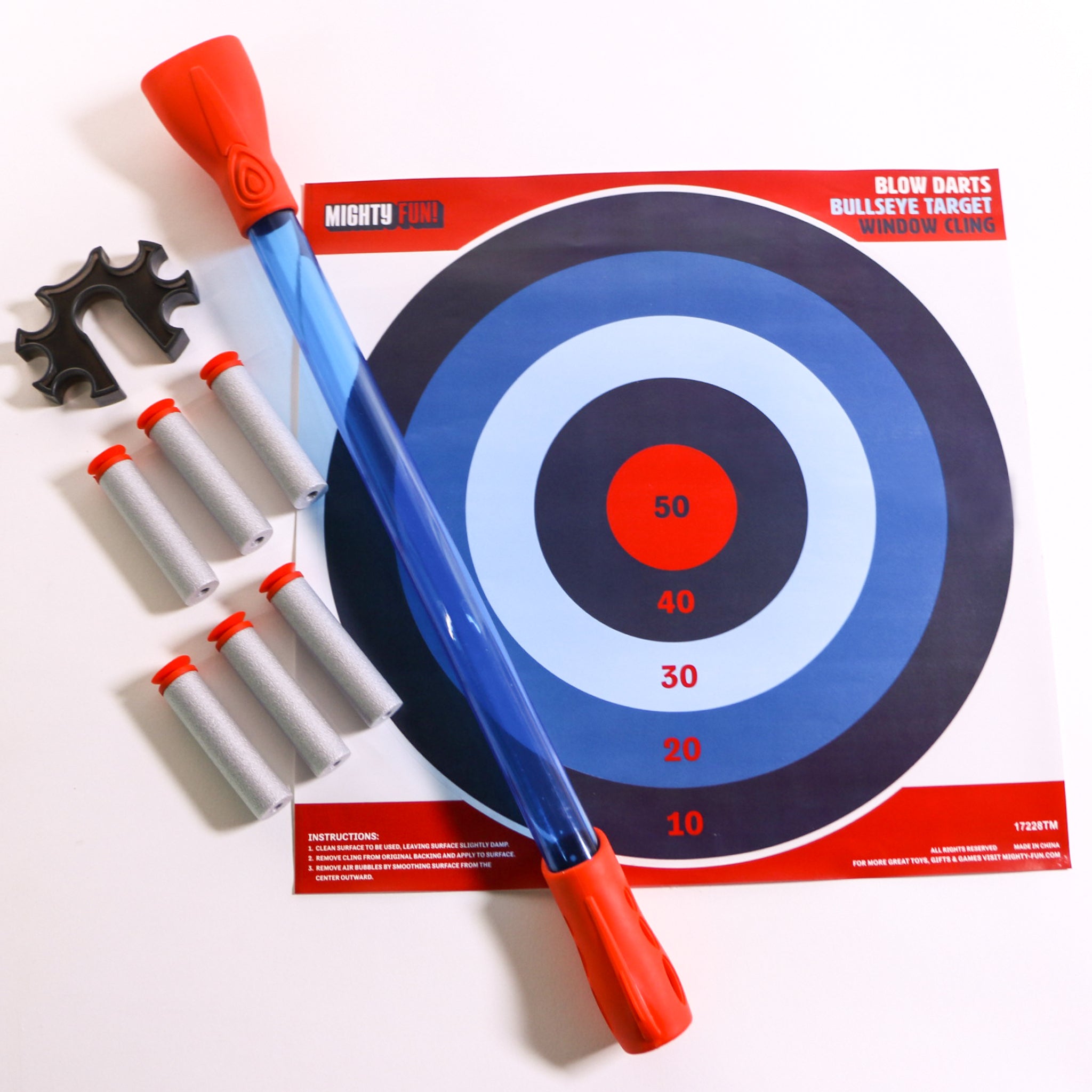 Blow Darts target set by Mighty Fun! Includes 6 darts, ammo holder and target.